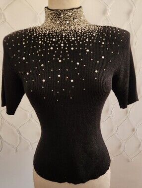 Vintage Black Embellished Sweater by Christine Phillipe • Fits S-M Best